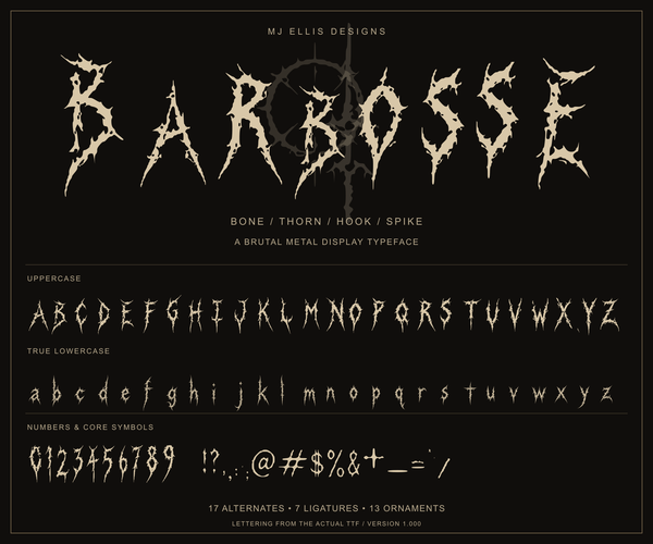 Barbosse bone and thorn lettering specimen