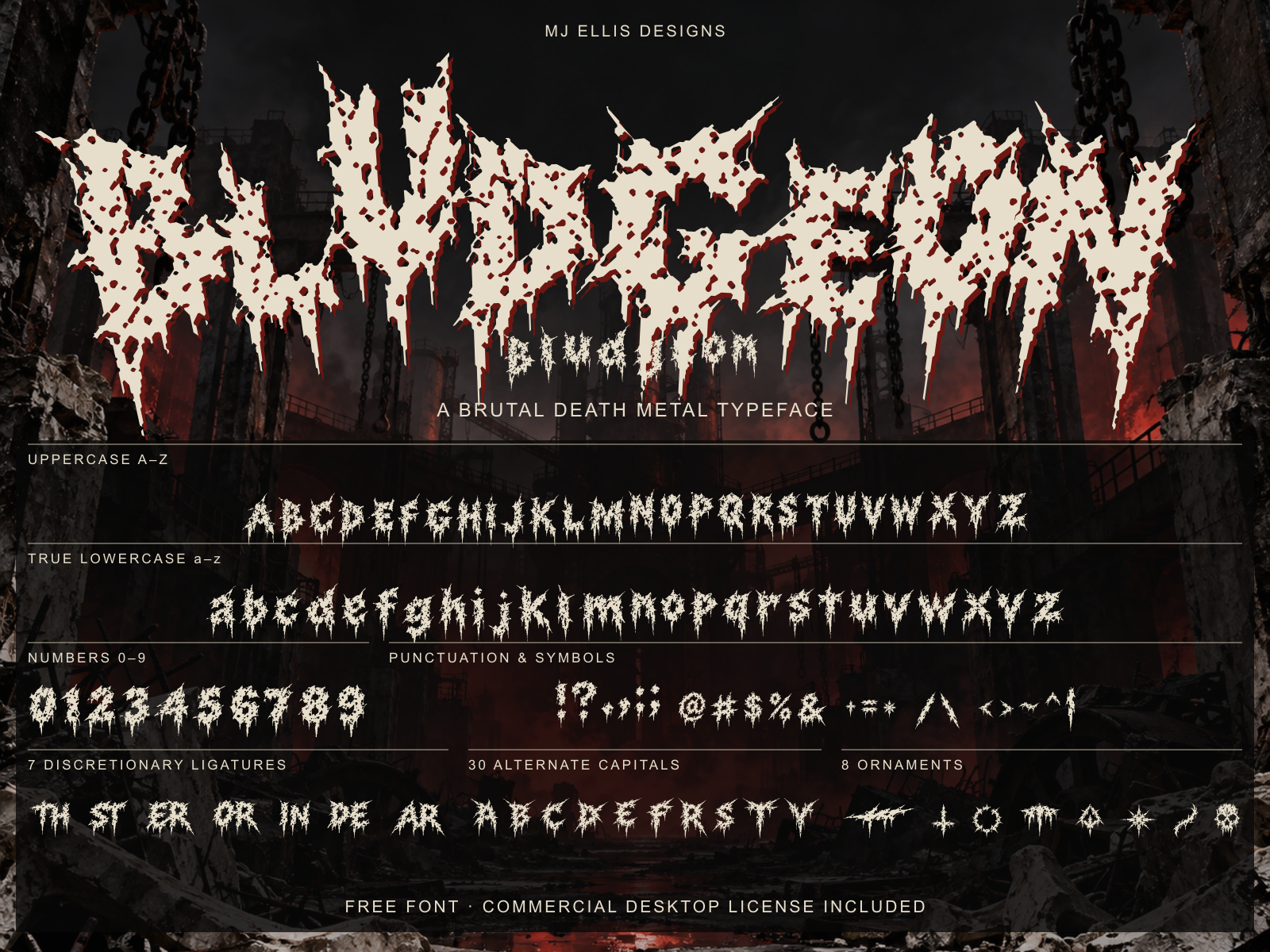 Approved Bludgeon specimen: battered metal lettering, alphabet, alternates and ornaments