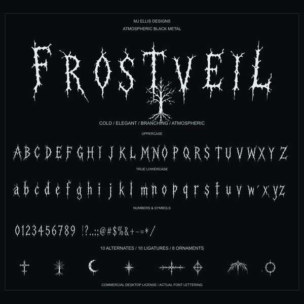 Frostveil atmospheric black-metal lettering specimen
