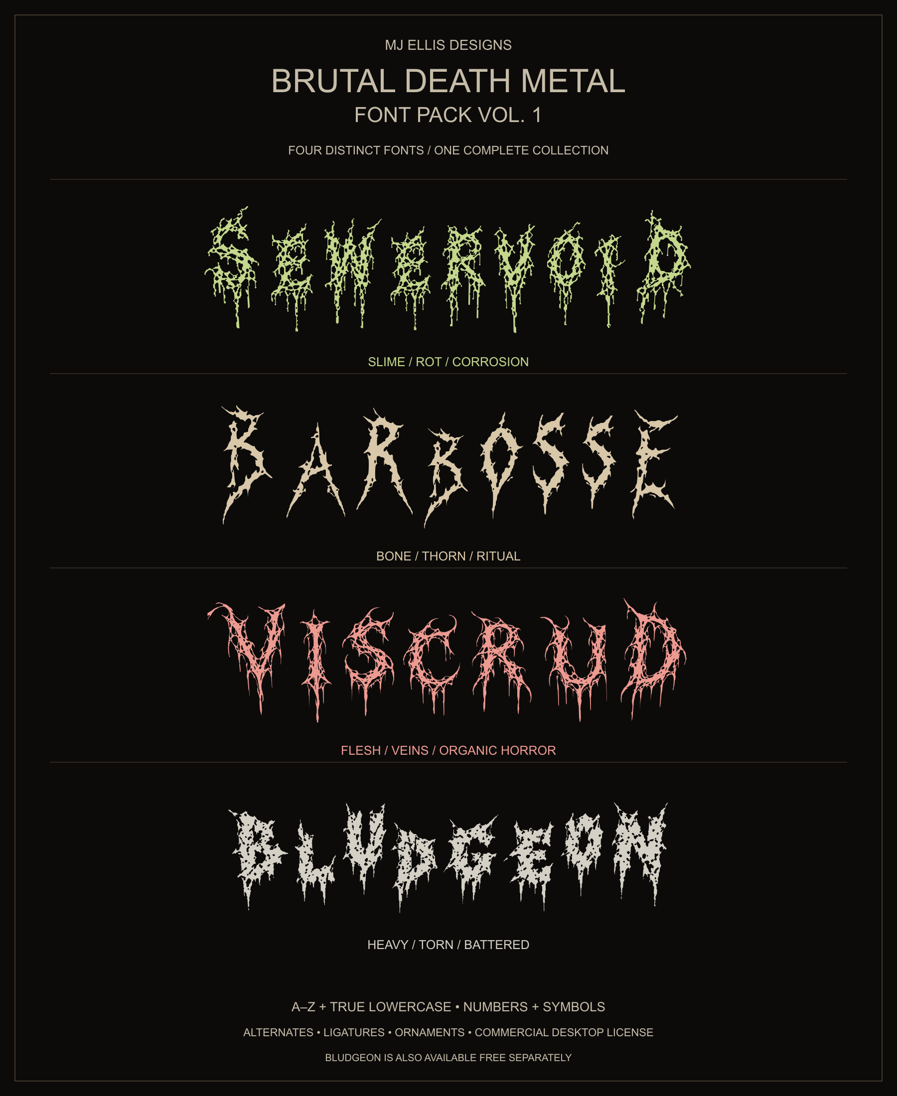 Brutal Death Metal Font Pack Vol. 1: Sewervoid, Barbosse, Viscrud and Bludgeon