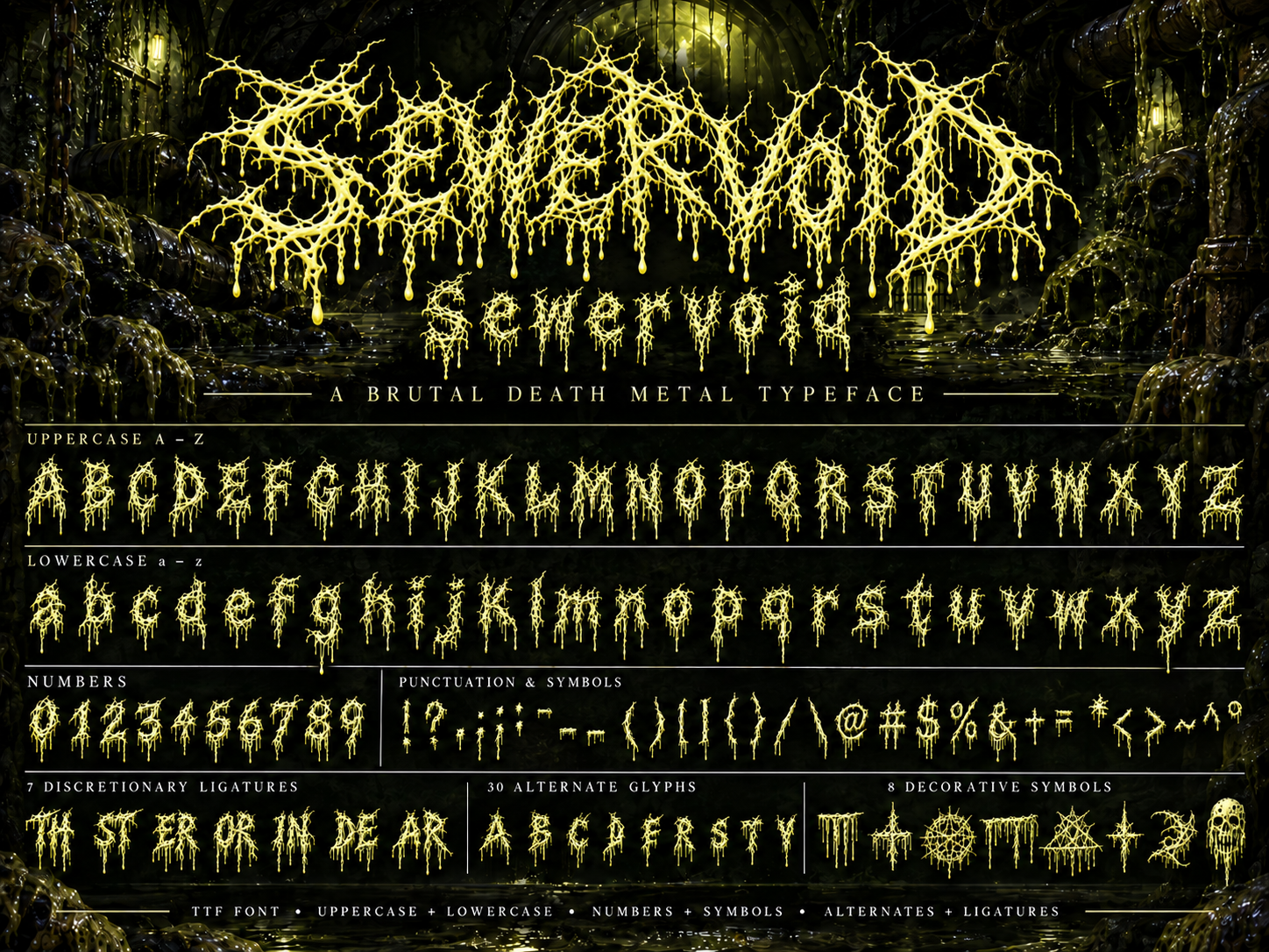 Sewervoid approved font specimen with dripping corrosive letters